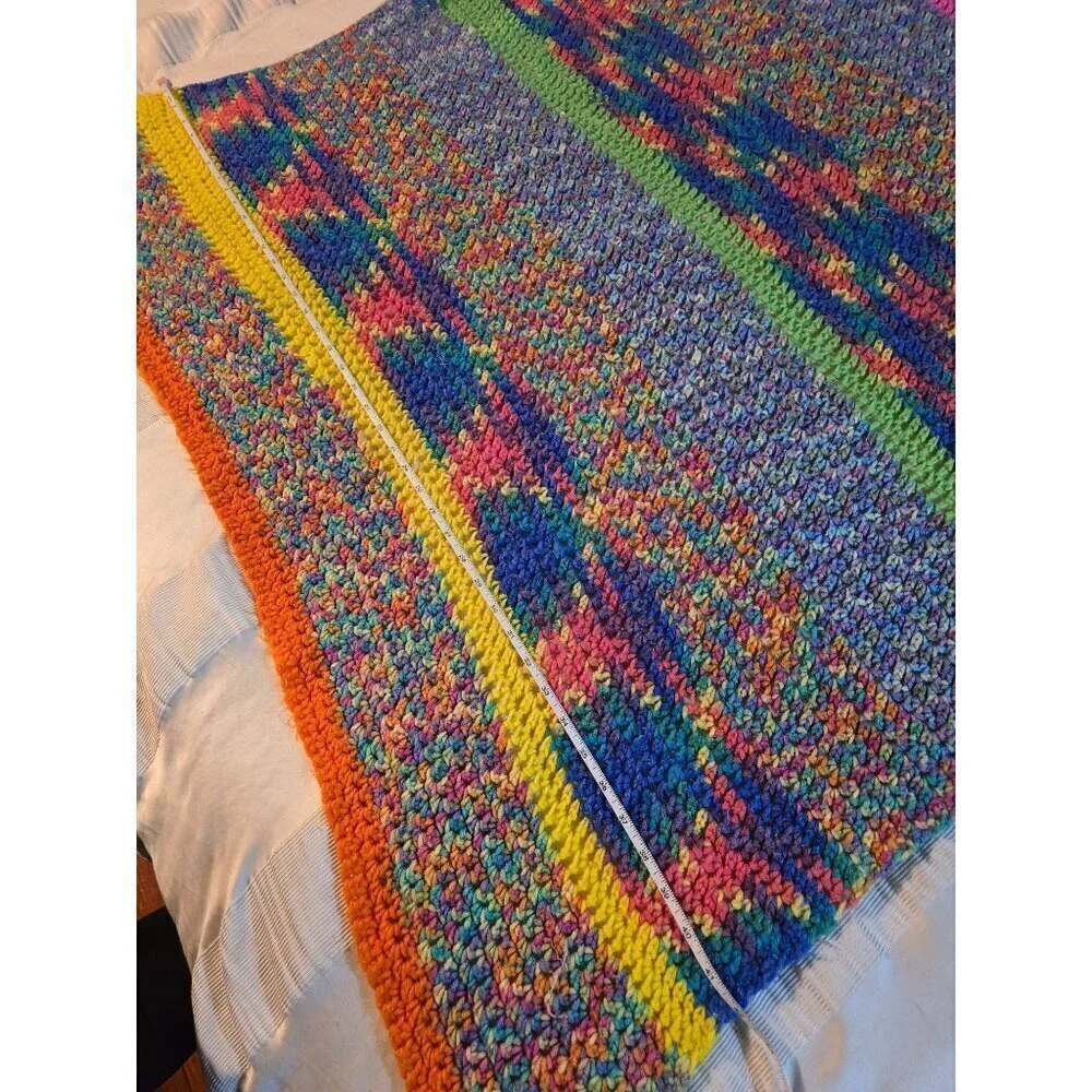 Vintage Handmade Colorful Space Dye Afghan Knit Crochet Throw Blanket Cottage Gr